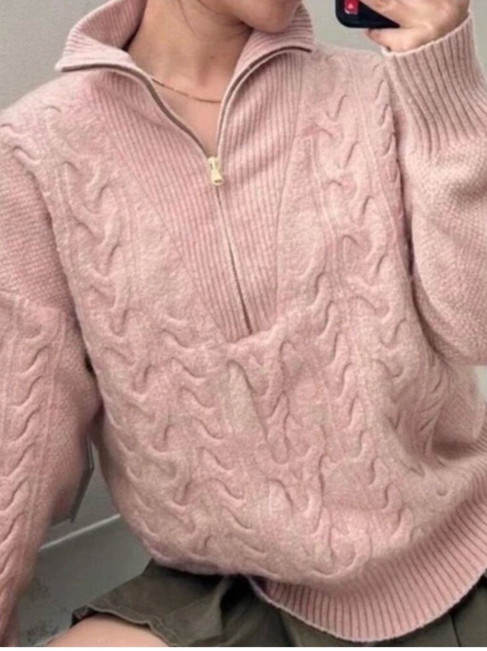 J. Crew Pink Cable-Knit Half-Zip Sweater